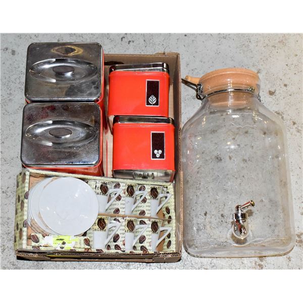 FLAT LOT OF ASSORTED KITCHEN CANISTERS + TEA SET