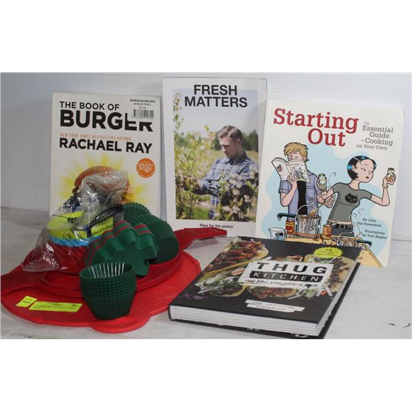 4 COOKBOOKS + SILICONE BAKING ITEMS.