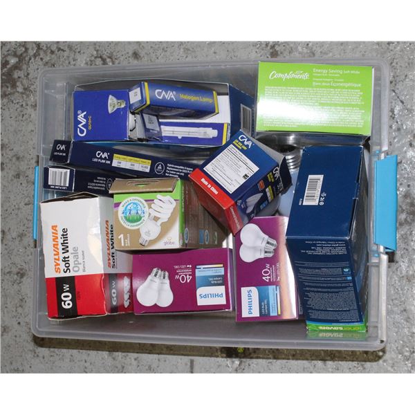 BIN OF ASSORTED LIGHTBULBS