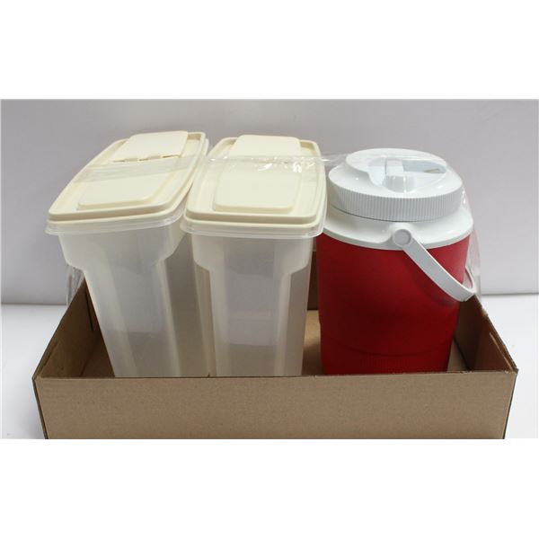 2 PLASTIC CEREAL STORAGE CONTAINERS + BEVERAGE