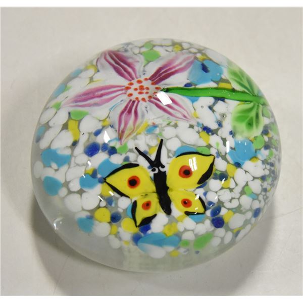 FLOWER/BUTTERFLY HAND BLOWN PAPERWEIGHT