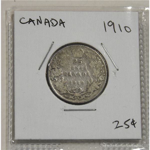 1910 CANADIAN SILVER 25 CENT COIN
