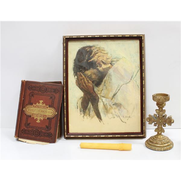 1878 PICTORIAL BIBLE & COMMENTATOR W/ FRAMED PIECE