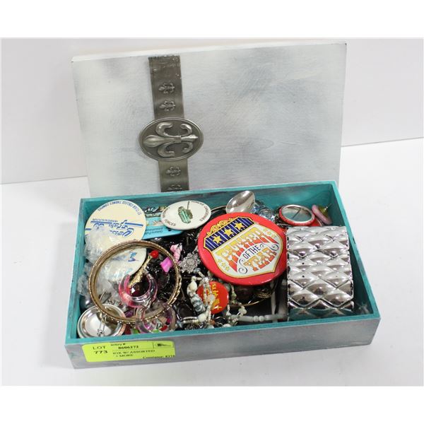 WOODEN BOX W/ ASSORTED JEWLLERY + MORE