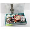 WOODEN BOX W/ ASSORTED JEWLLERY + MORE