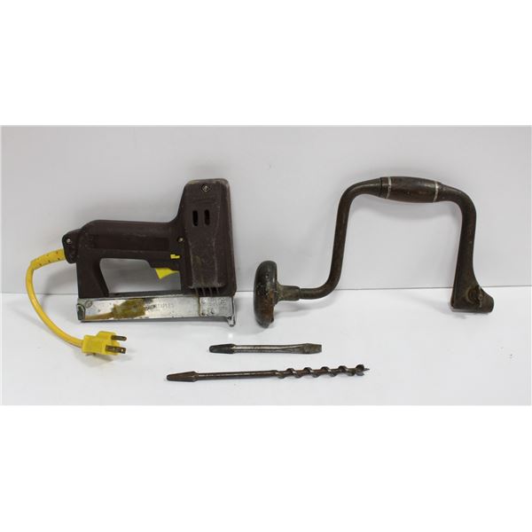 PAIR OF HAND TOOLS - NAILGUN + VINTAGE HAND DRILL