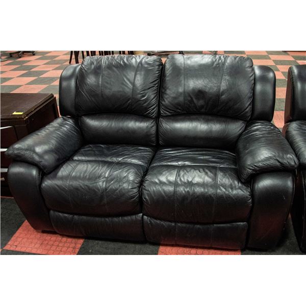 FURNITURE BLACK LEATHER RECLINING LOVESEAT + CHAIR