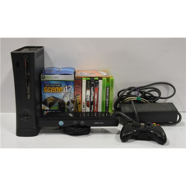 XBOX 360 WITH GAMES AND CABLES
