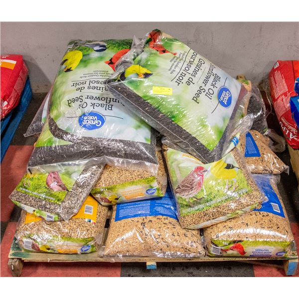 PALLET OF ASSORTED SIZE AND TYPE BIRD SEED.
