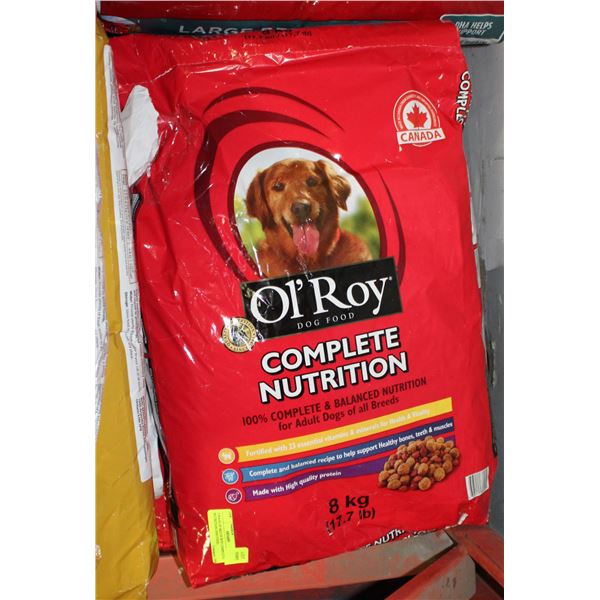 3 BAGS OF 8KG OL'ROY COMPLETE NUTRITION DOG FOOD.