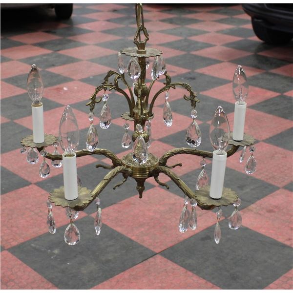 BRASS AND CRYSTAL CHANDELIER.