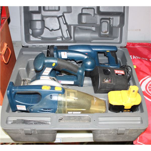 RYOBI 18V CORDLESS SAW, VACUUM, FLASHLIGHT AND