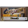 Image 1 : BOX WITH LEVELS, PLUM BOB, HAMMER, AND MORE