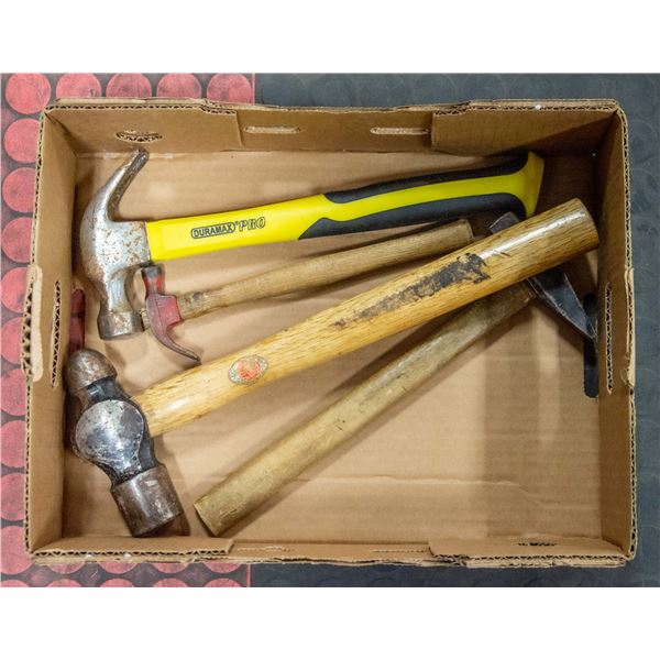 BOX OF HAMMERS INCLUDING LARGE HICKORY HANDLE