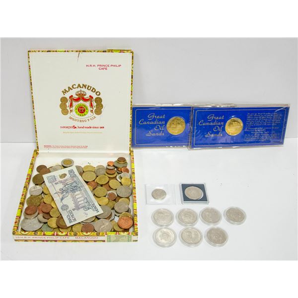 CIGAR BOX OF WORLD COINS W/2 ENCASED
