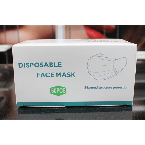 BOX OF 50 DISPOSIBLE FACE MASKS.