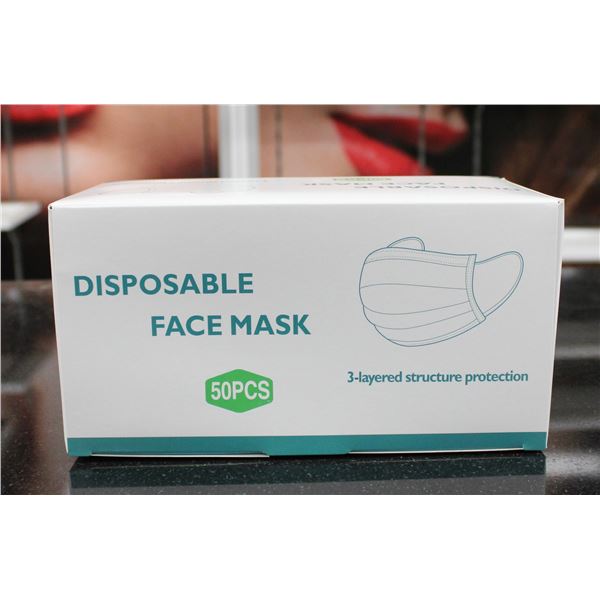 BOX OF 50 DISPOSIBLE FACE MASKS.