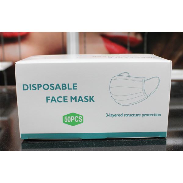 BOX OF 50 DISPOSIBLE FACE MASKS.