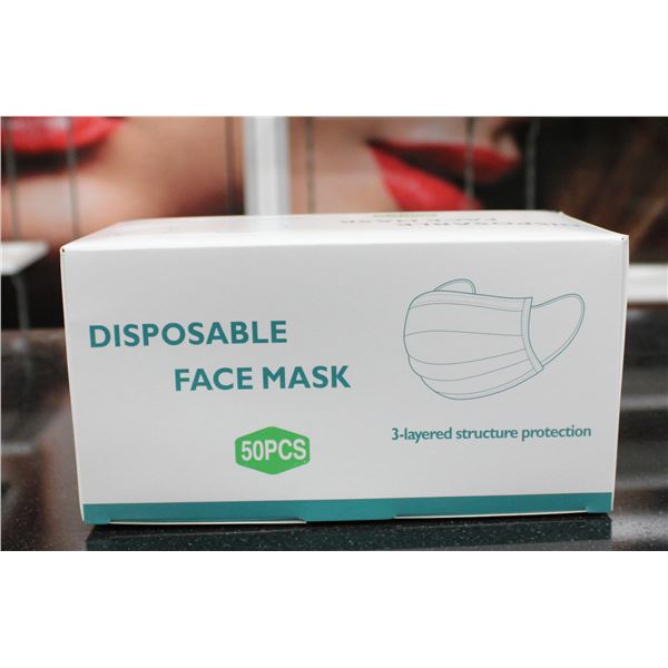 BOX OF 50 DISPOSIBLE FACE MASKS.