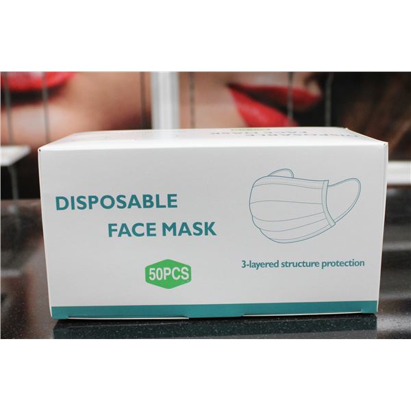 BOX OF 50 DISPOSIBLE FACE MASKS.