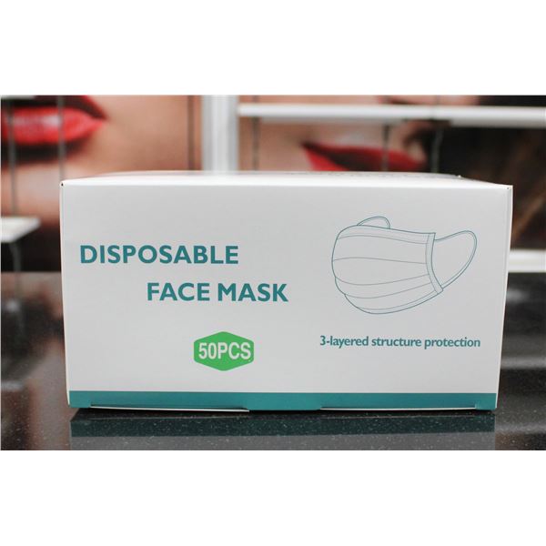 BOX OF 50 DISPOSIBLE FACE MASKS.