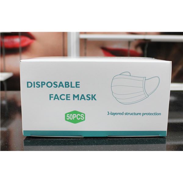 BOX OF 50 DISPOSIBLE FACE MASKS.