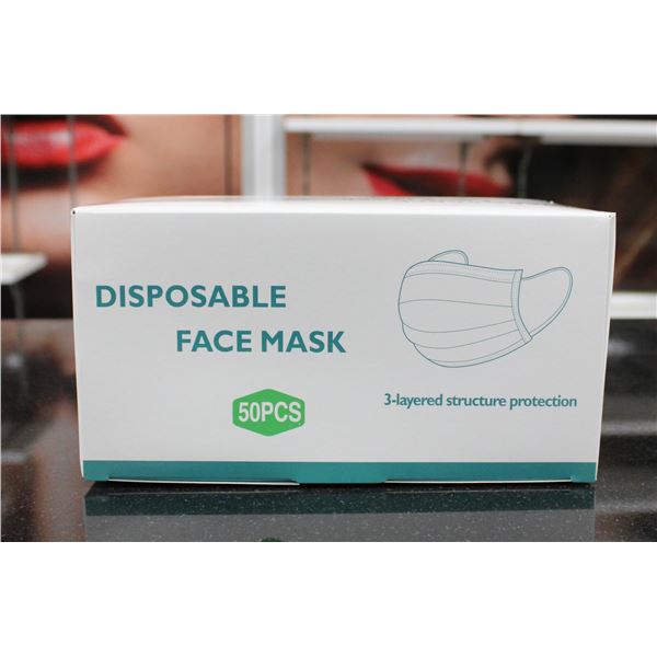 BOX OF 50 DISPOSIBLE FACE MASKS.
