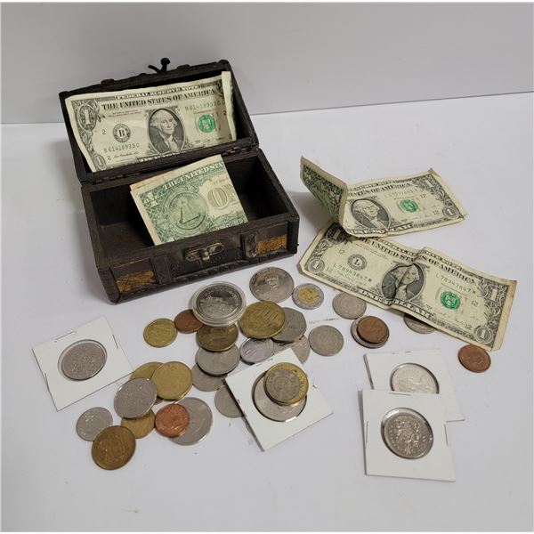 WOOD TREASURE BOX WITH COINS & VARIOUS FORIEGN
