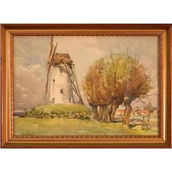 "Windmill by Waterside" by A. Marc - watercolor#2340548