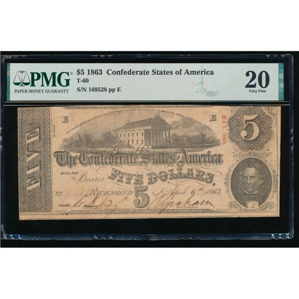1863 $5 T-60 Confederate PMG 20