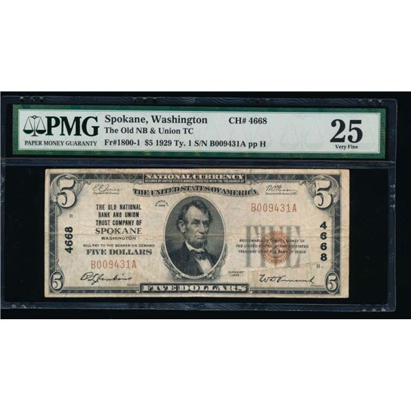 1929 $5 Spokane WA National PMG 25