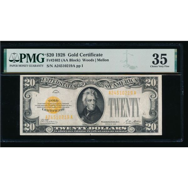 1928 $20 Gold Certificate PMG 35