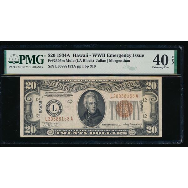 1934A $20 Hawaii Mule FRN PMG 40EPQ