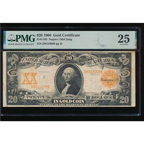 1906 $20 Gold Certificate PMG 25