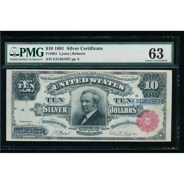 1891 $10 Tombstone Silver Certificate PMG 63