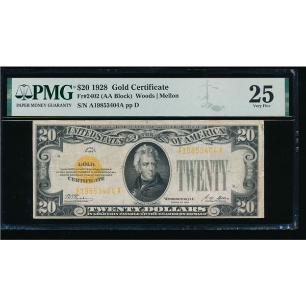 1928 $20 Gold Certificate PMG 25