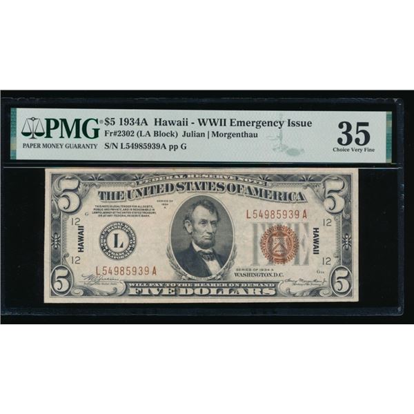 1934A $5 Hawaii FRN PMG 35