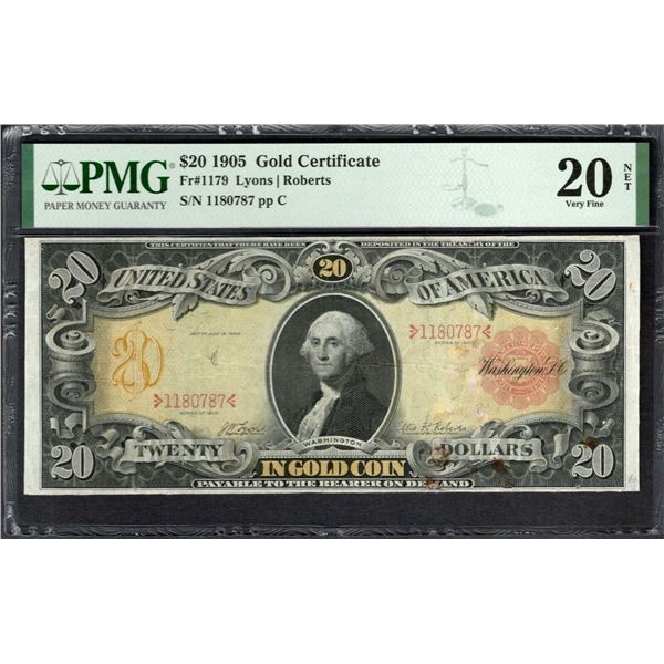 1905 $20 Technicolor Gold Certificate PMG 20NET
