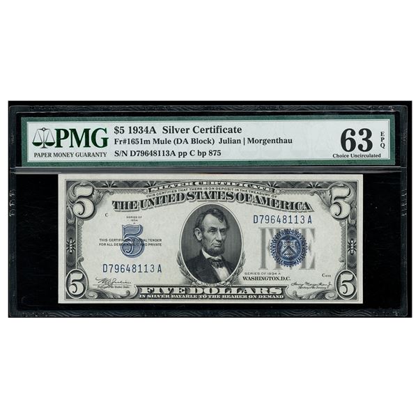 1934A $5 Silver Certificate PMG 63EPQ