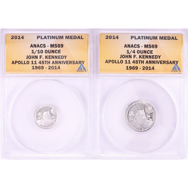 Set of 2014 Proof 1/10 & 1/4 oz Platinum JFK Apollo 11 Anniversary Medals ANACS MS69