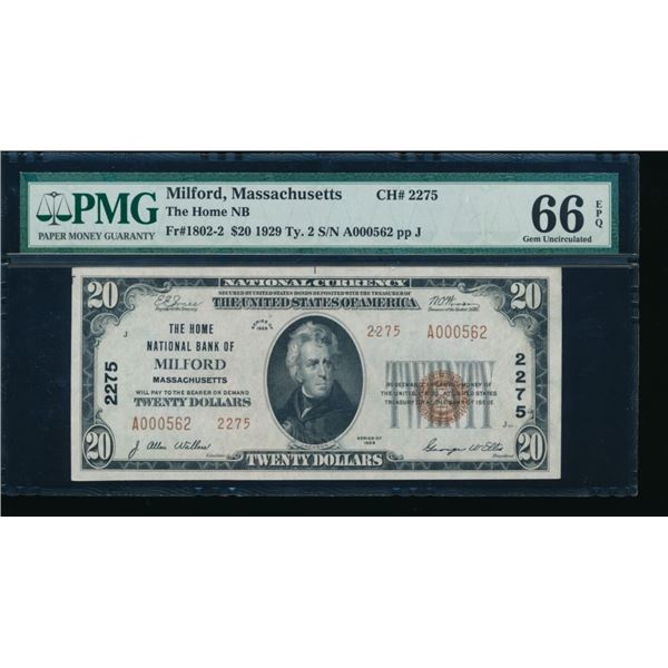 1929 $20 Milford MA National PMG 66EPQ