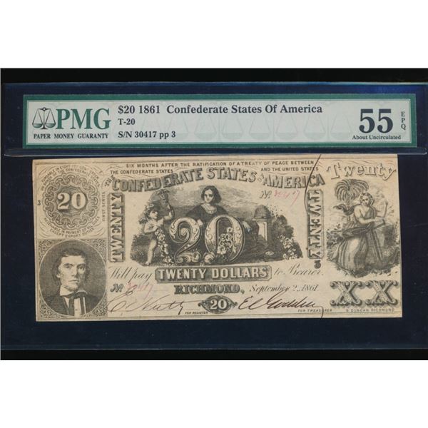 1861 $20 T-20 Confederate PMG 55EPQ