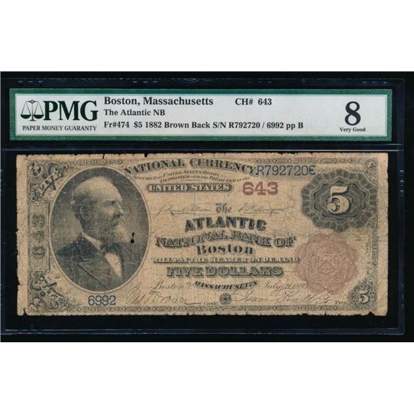 1882 $5 Atlantic National Bank Note PMG 8