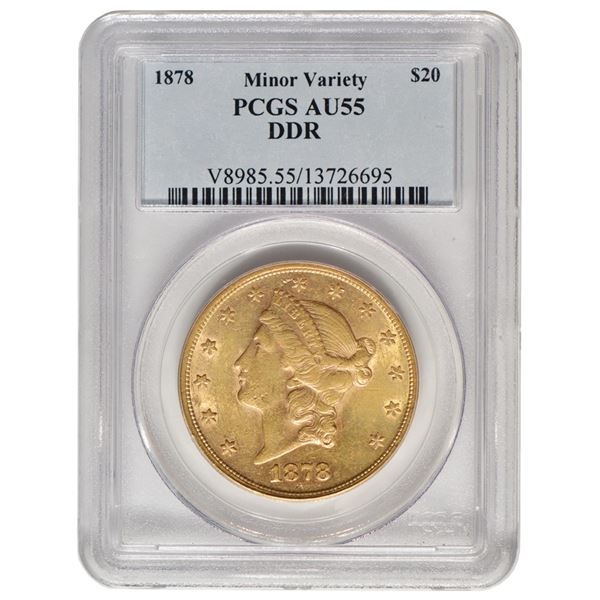 1878 $20 Double Die Reverse Gold Coin PCGS AU55
