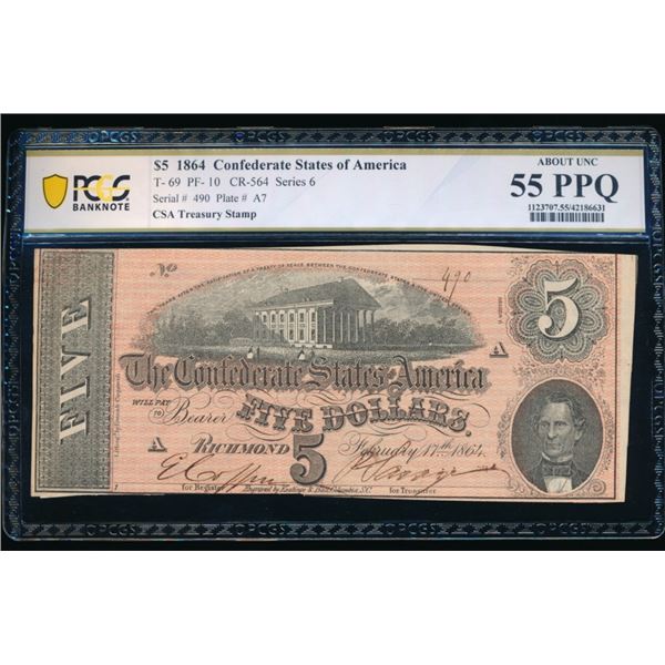 1864 $5 T-69 Confederate PCGS 55PPQ
