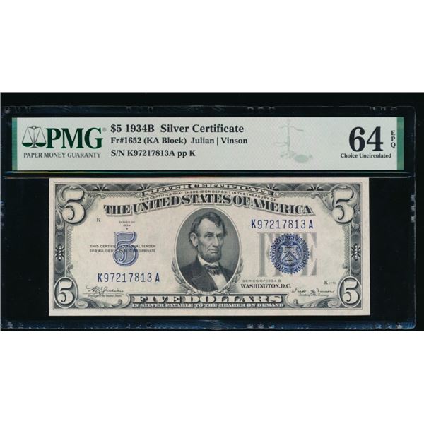 1934B $5 Silver Certificate PMG 64EPQ