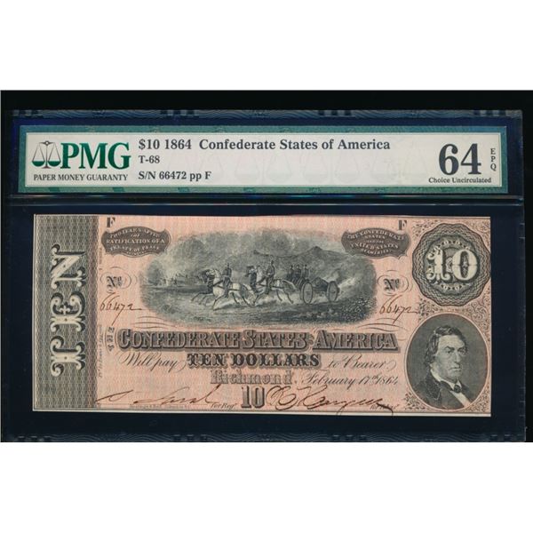 1864 $10 T-68 Confederate PMG 64EPQ