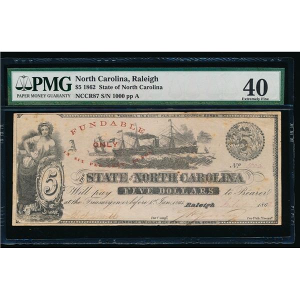 1862 $5 Raleigh NC Obsolete Note PMG 40