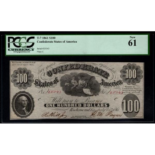 1861 $100 Confederate States of America Note PCGS 61