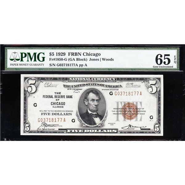 1929 $5 Chicago FRBN PMG 65EPQ